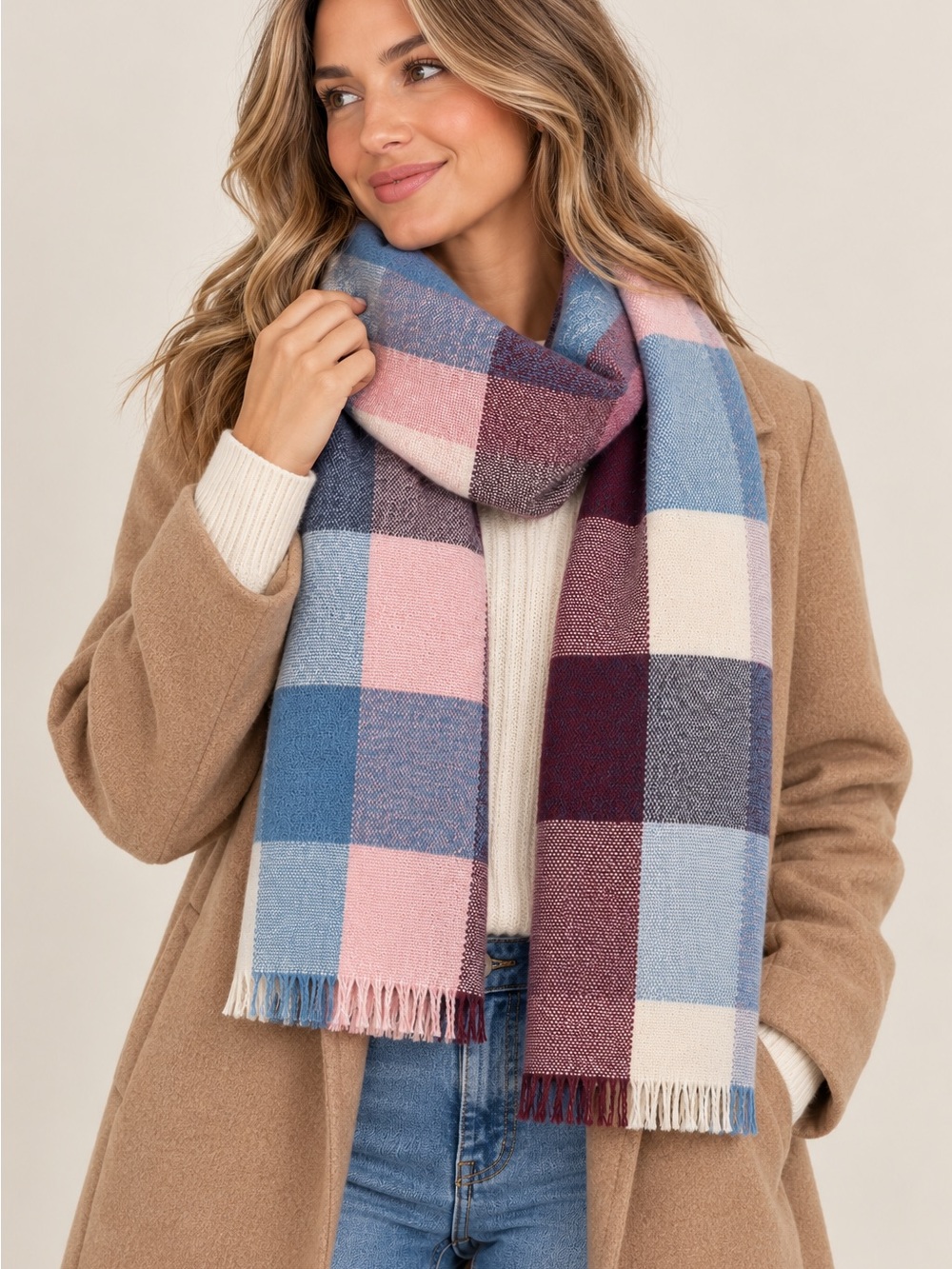 Ardene Blue, Pink & Burgundy Plaid Knit Scarf